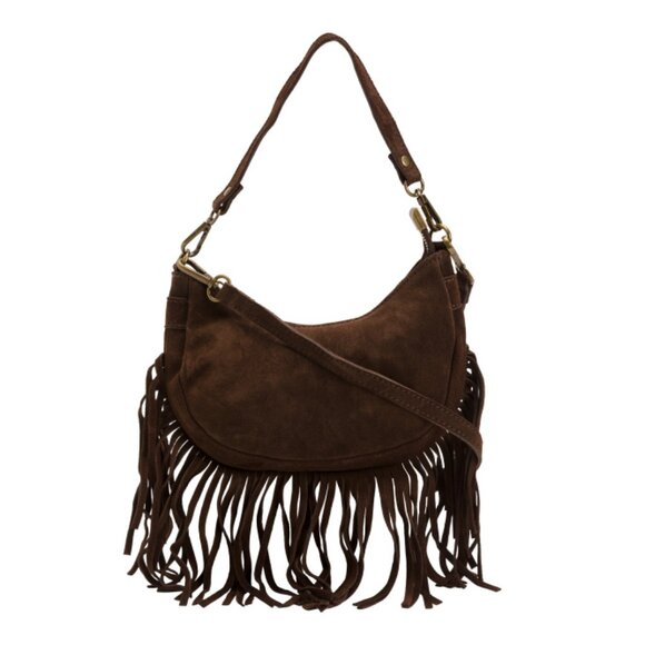 MARLON Chocolate Made In Italy Suede Crescent Fringe Shoulder Bag - Picture 1 of 2